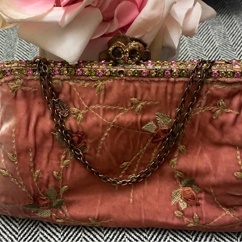 Pre❤️Clara Kasavina Vintage Pink Velvet Swarovski Crystal Rose Evening Clutch - Picture 10 of 10